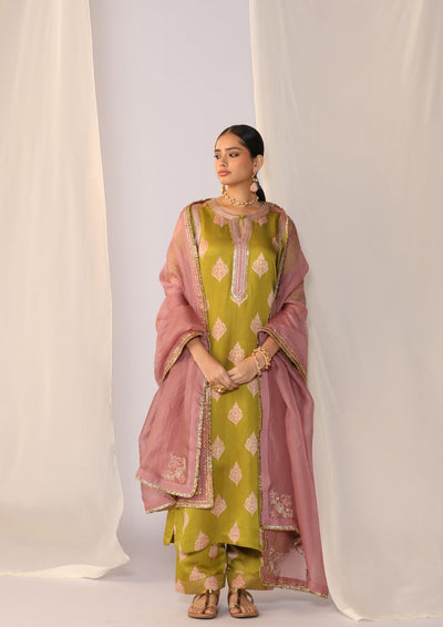 Block printed satin kurta set with organza dupatta