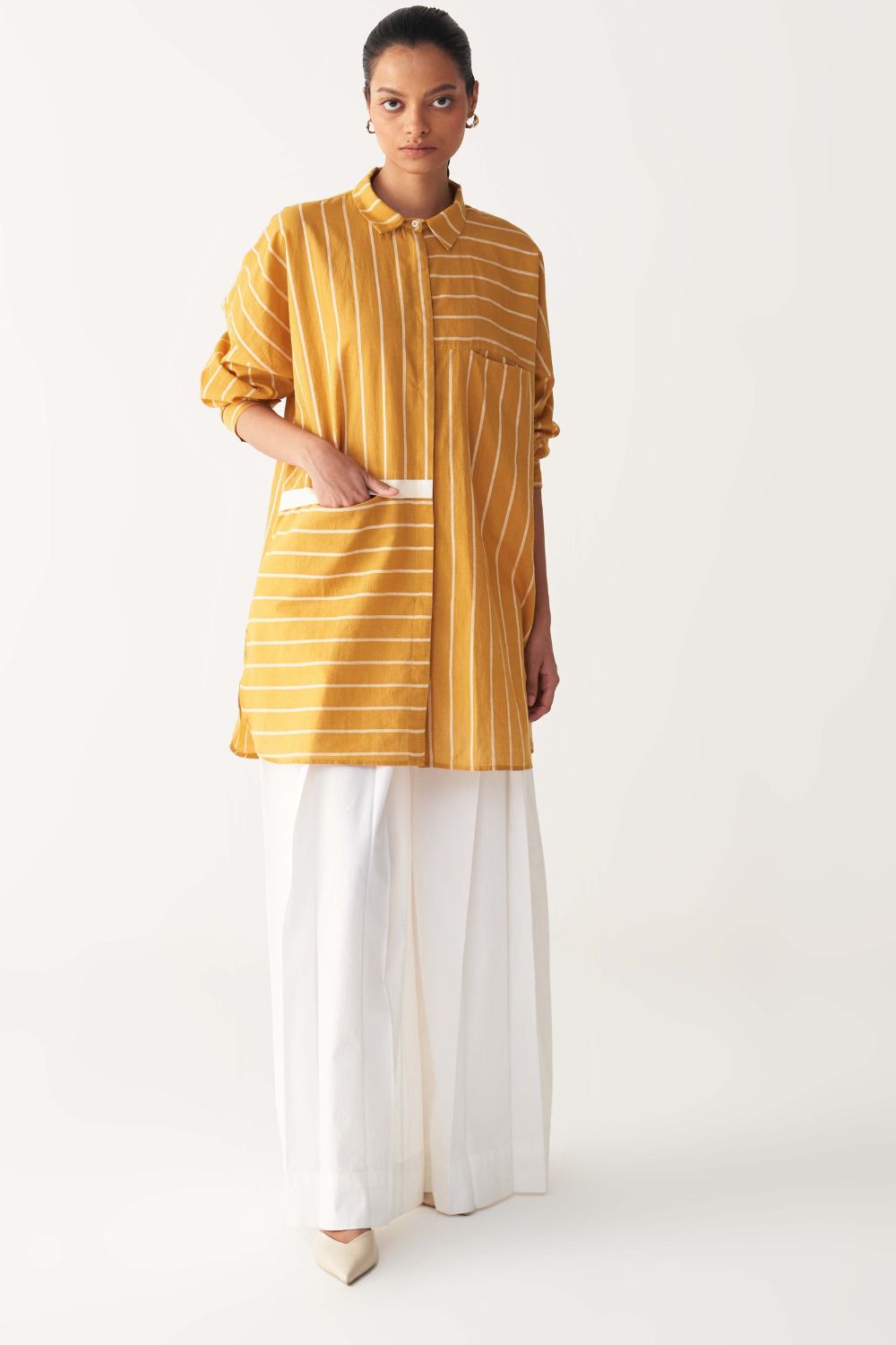 DRAWSTRING SHIRT CO-ORD-MUSTARD STRIPES