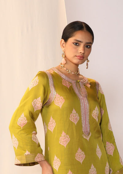 Block printed satin kurta set with organza dupatta