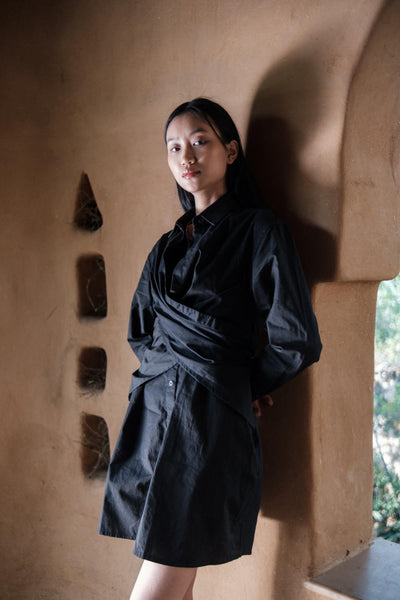 Seattle Wrap Shirt Dress-Black