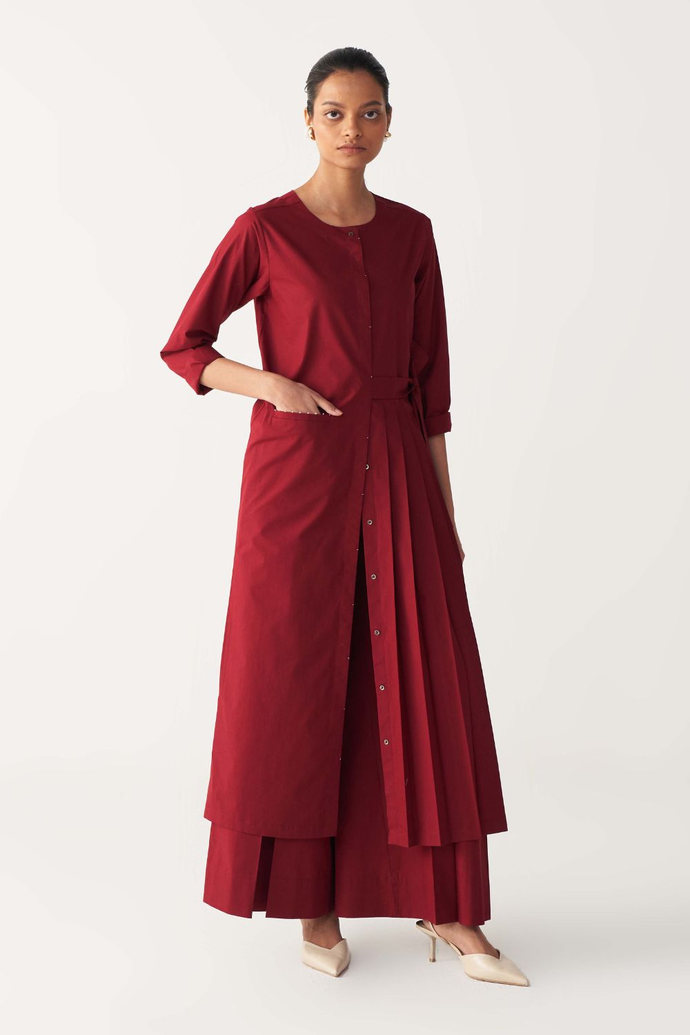 FRONT PLEAT TUNIC-MADDER RED