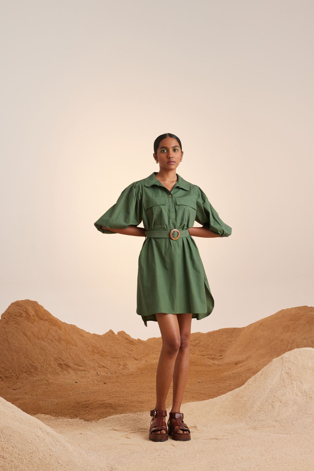 Belted Short Dress-Fern