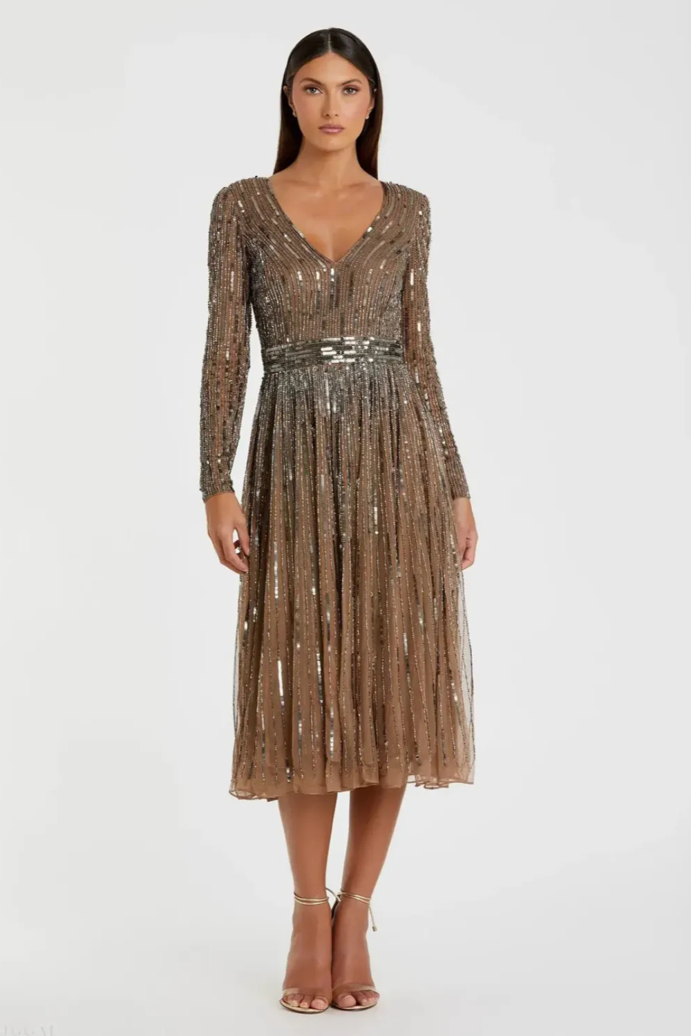 Brown Long Sleeve Tea Length Dress