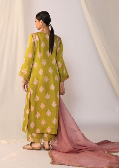 Block printed satin kurta set with organza dupatta