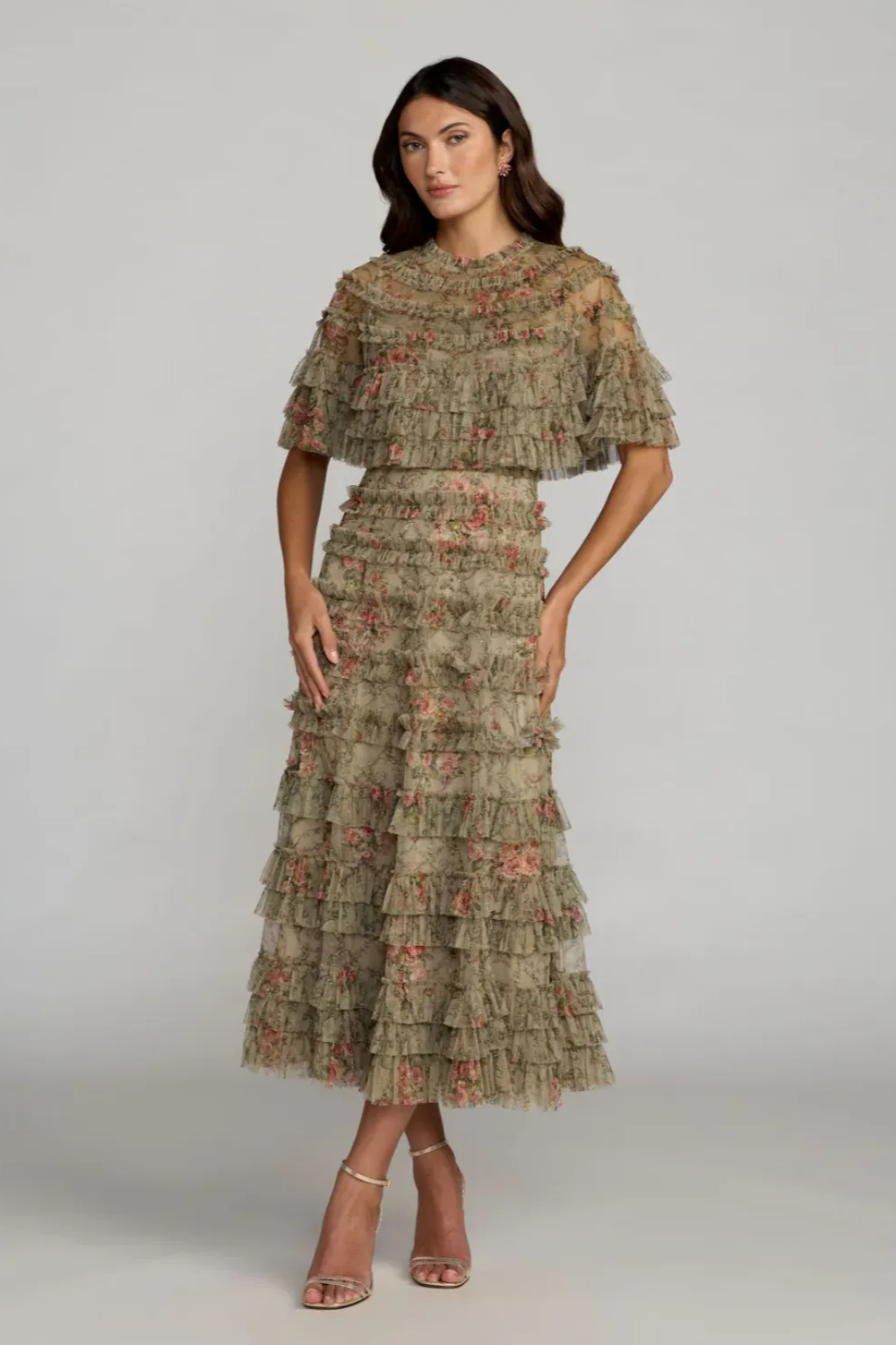 Green Floral Ruffle Midi Dress With Cape