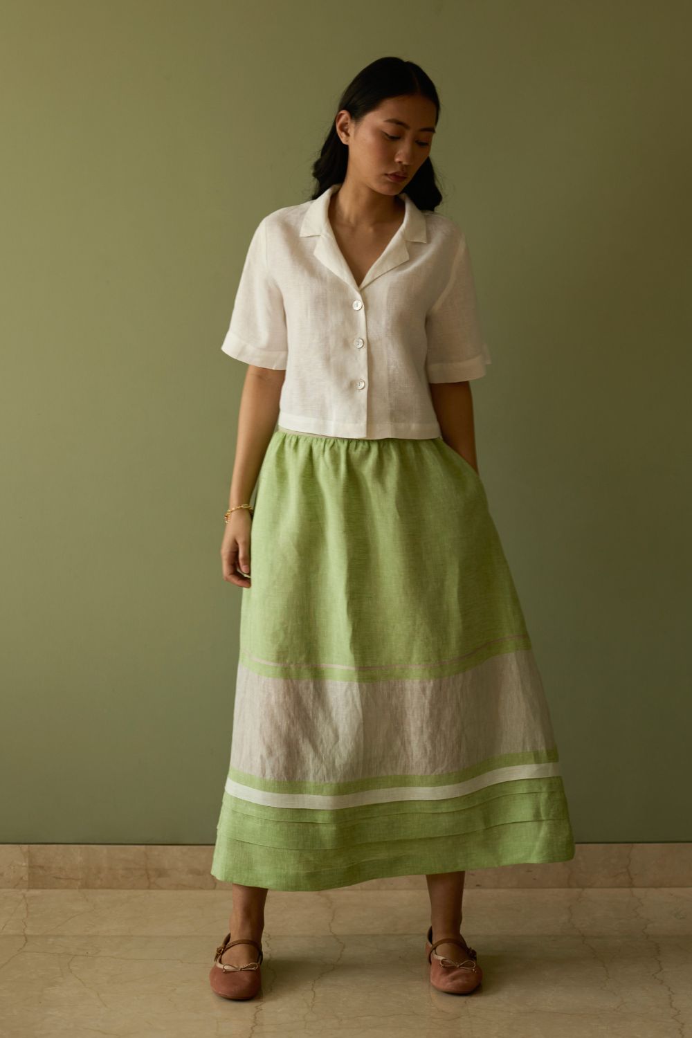 Ora Pleated Border Linen Skirt-Meadow