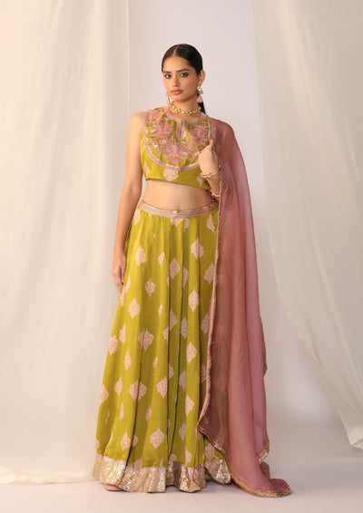 Block printed satin lehenga choli with duppata