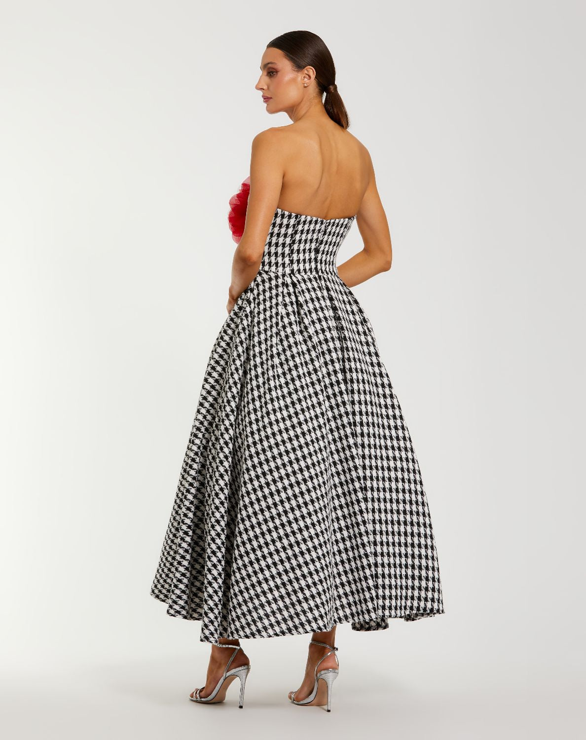 37068-Black and White Strapless Boucle A Line Midi Dress With 3D Flower