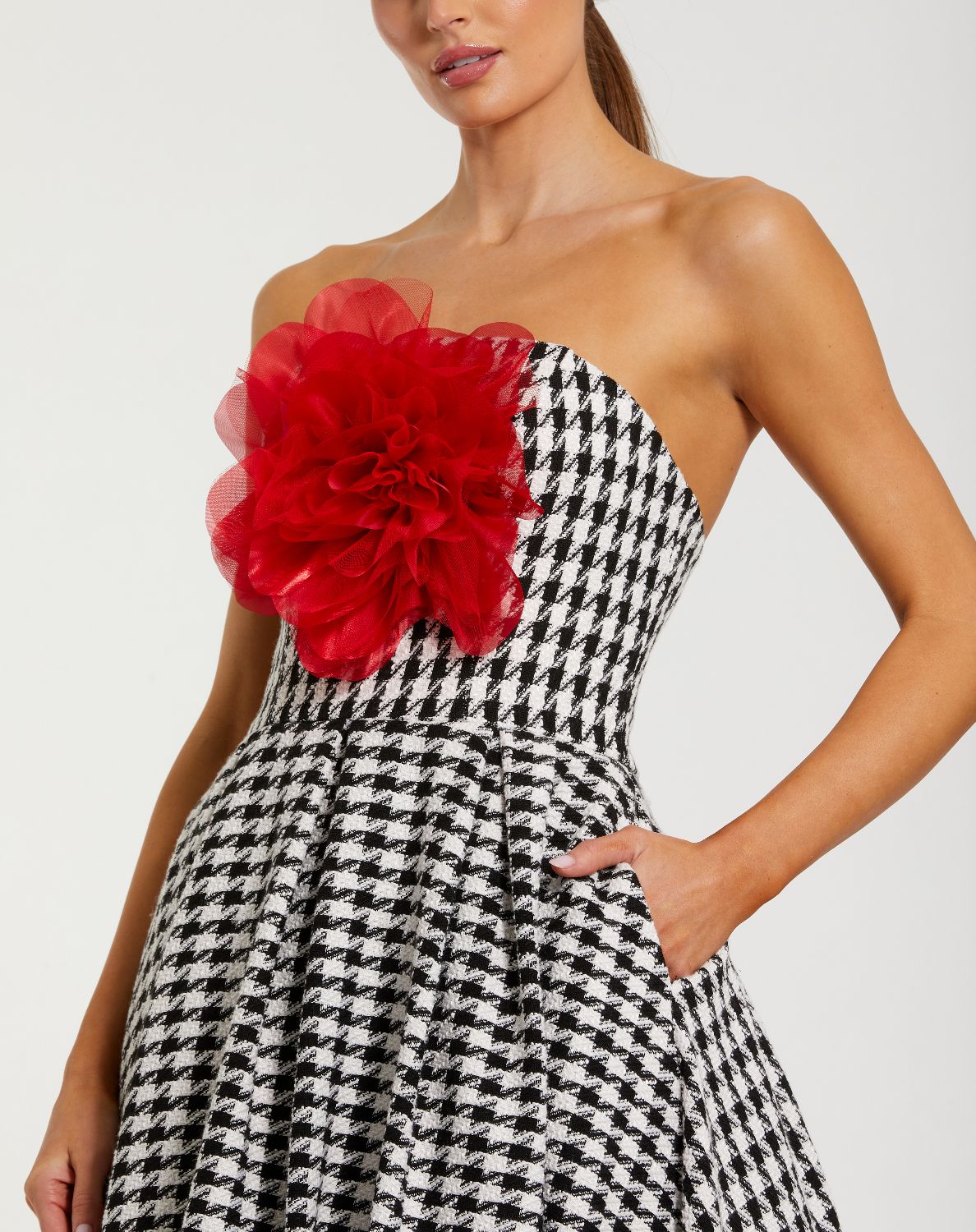 37068-Black and White Strapless Boucle A Line Midi Dress With 3D Flower