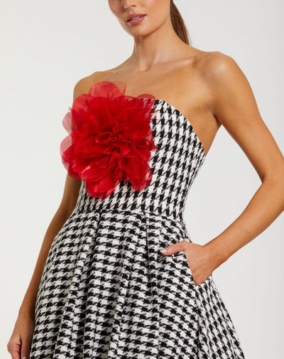 37068-Black and White Strapless Boucle A Line Midi Dress With 3D Flower