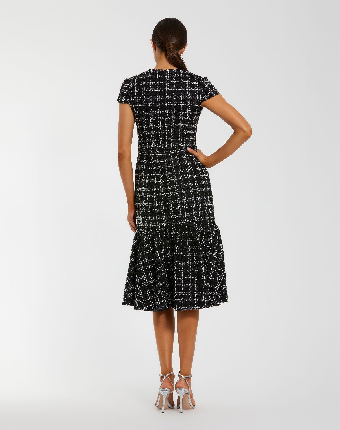 37071-Black Cap Sleeve Boucle A Line Midi Dress