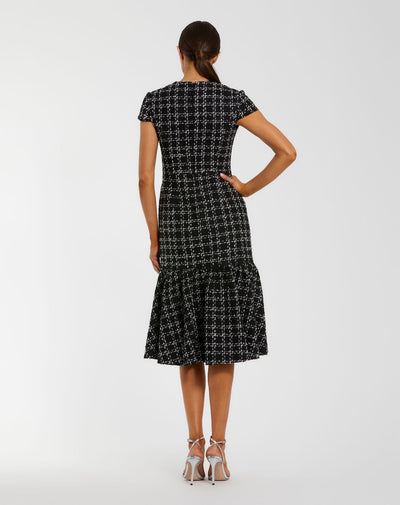 37071-Black Cap Sleeve Boucle A Line Midi Dress