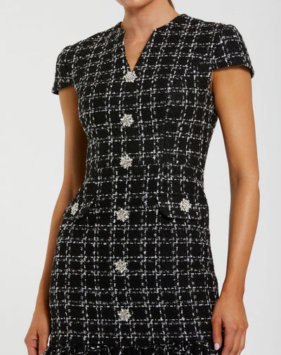 37071-Black Cap Sleeve Boucle A Line Midi Dress