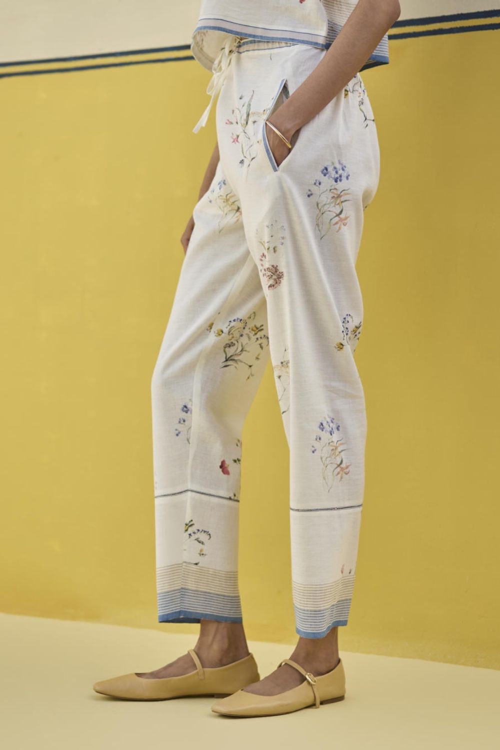 Ema Watercolour Floral Linen Pant - Ivory