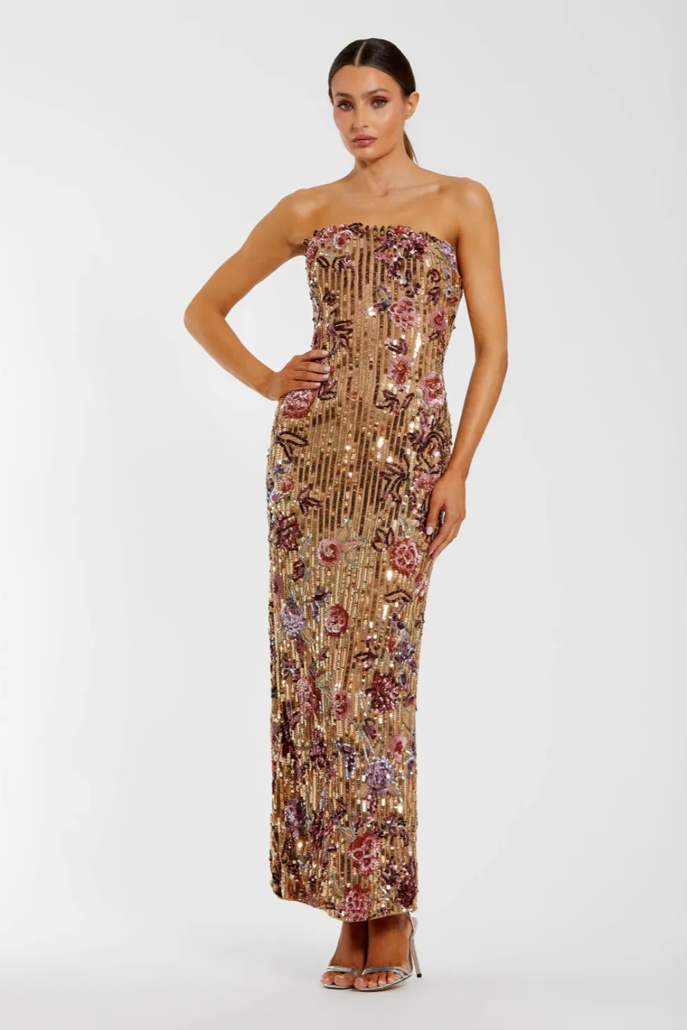 Gold Floral Embellished Strapless Column Dress