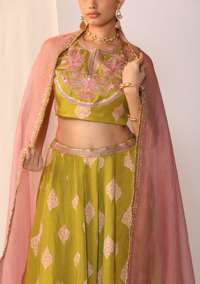 Block printed satin lehenga choli with duppata