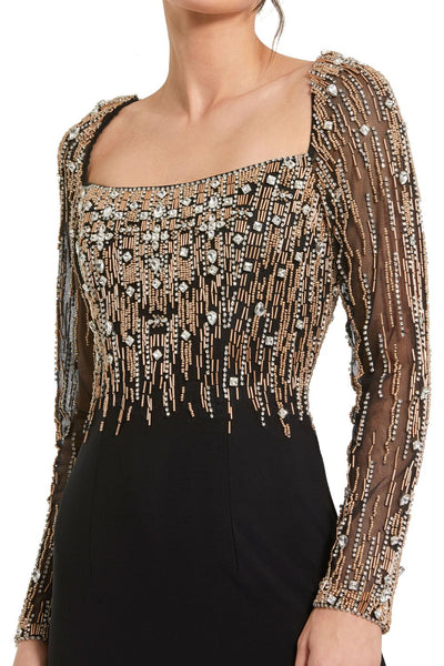 2256-Beaded Square Neck Long Sleeve Jersey Gown