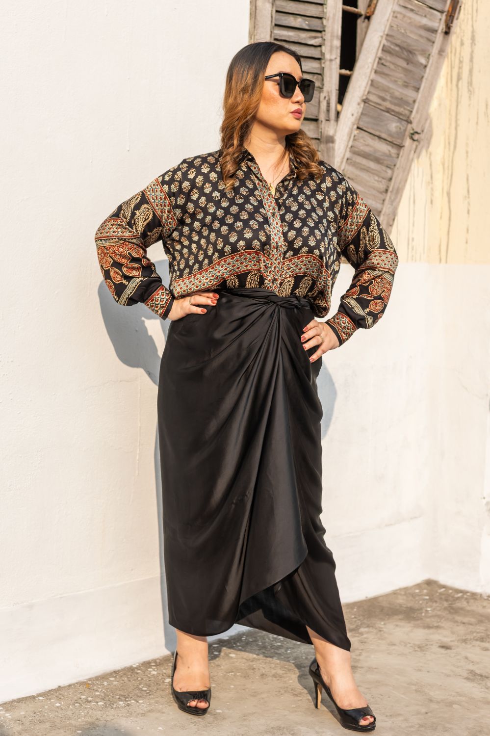 Noure Black Ajrakh Shirt Wrap Skirt Set