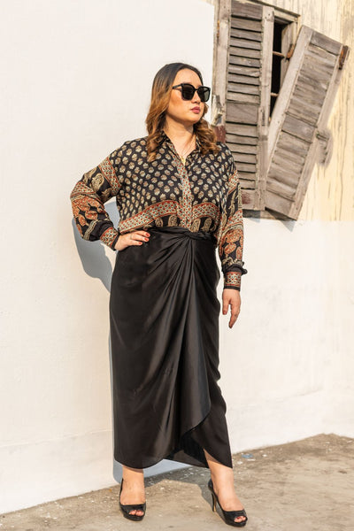 Noure Black Ajrakh Shirt Wrap Skirt Set