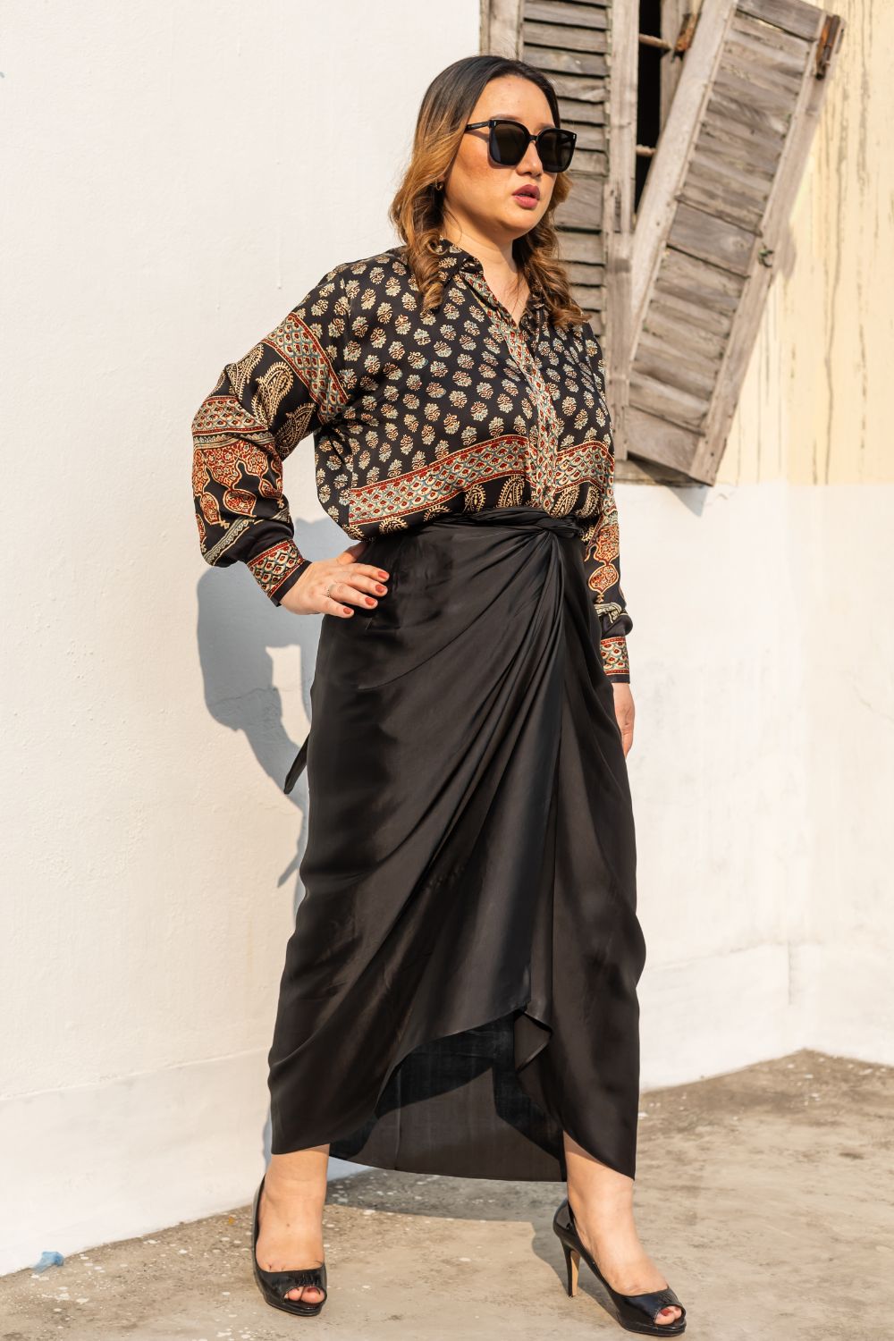 Noure Black Ajrakh Shirt Wrap Skirt Set