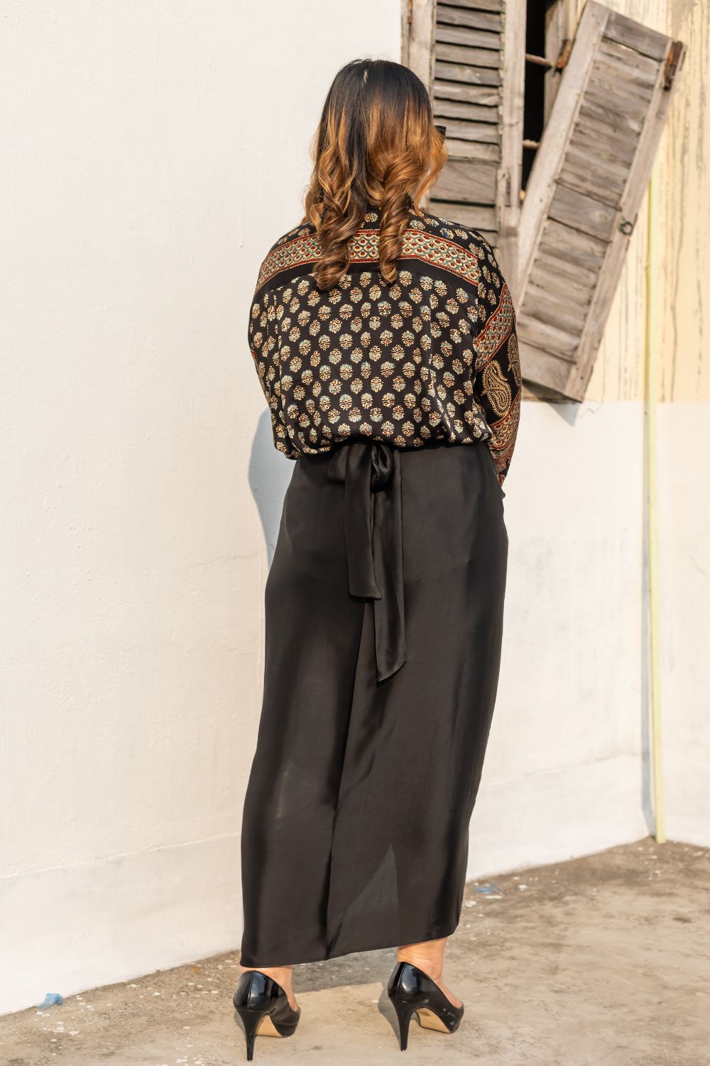 Noure Black Ajrakh Shirt Wrap Skirt Set
