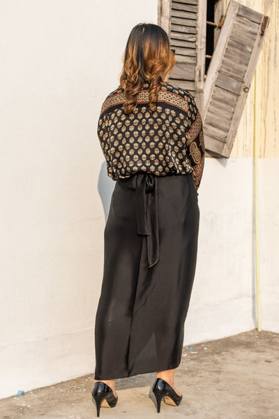 Noure Black Ajrakh Shirt Wrap Skirt Set