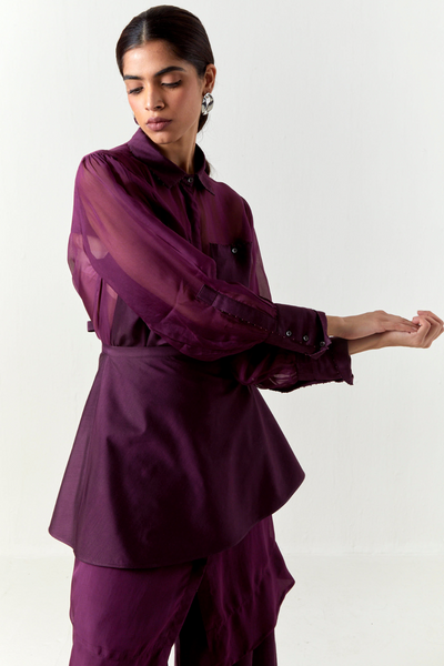 BEADED COLLAR SHEER SHIRT CO-ORD-WINE