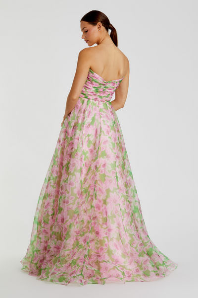 30783-Chiffon Gown with Ruffle Detail-Pink Multi