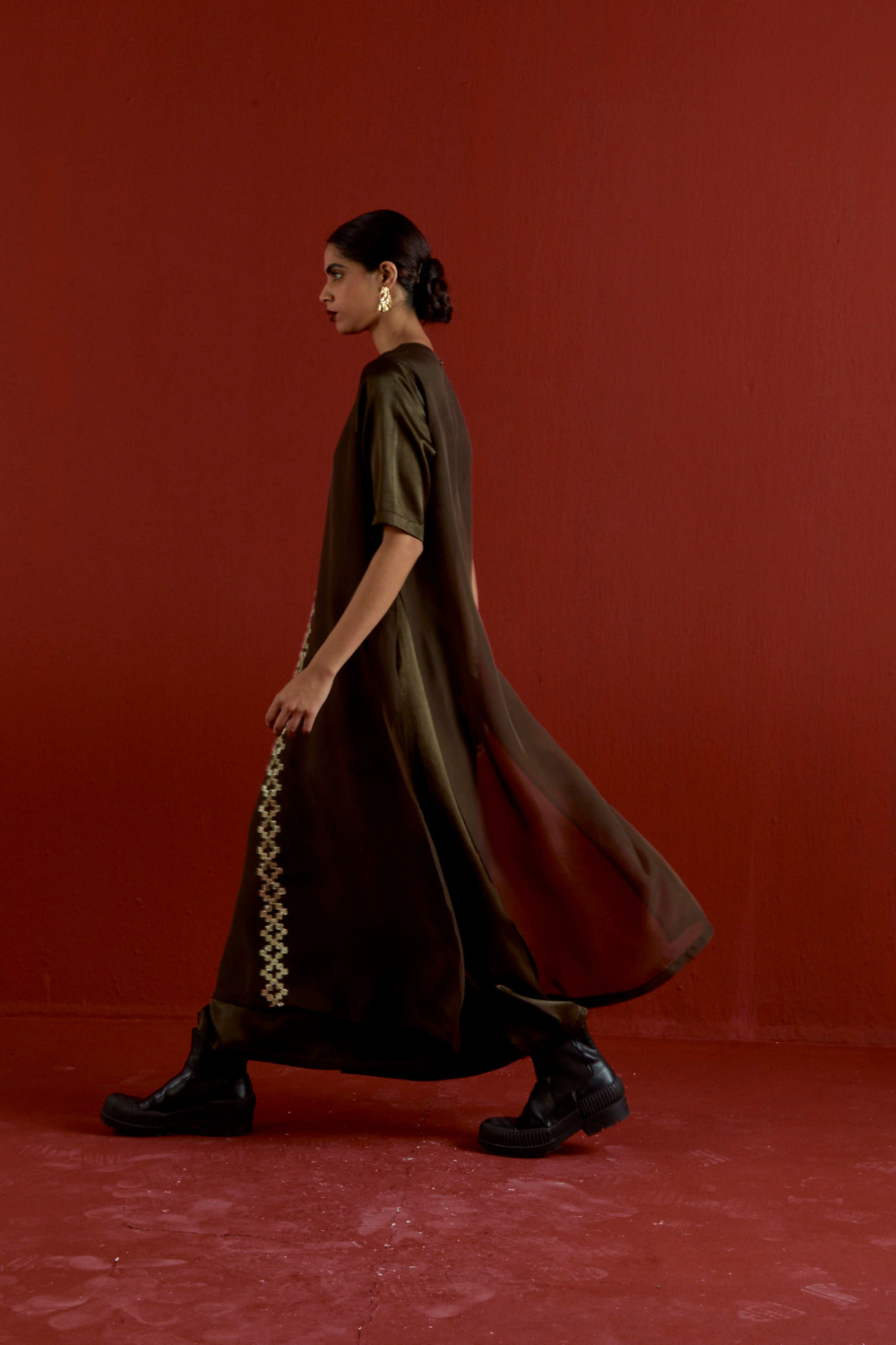 GOTA PATTI DETAIL DOUBLE LAYER DRESS-DARK OLIVE