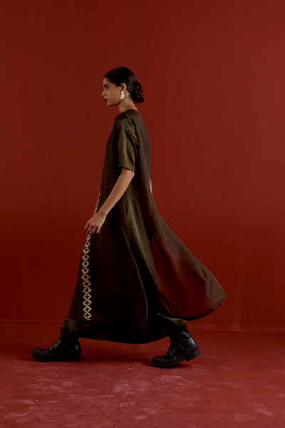 GOTA PATTI DETAIL DOUBLE LAYER DRESS-DARK OLIVE