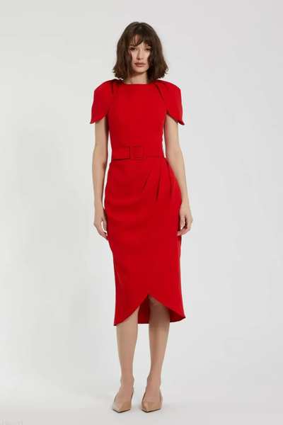 Red Crepe Boat Neck Midi Tulip Dress With Belt