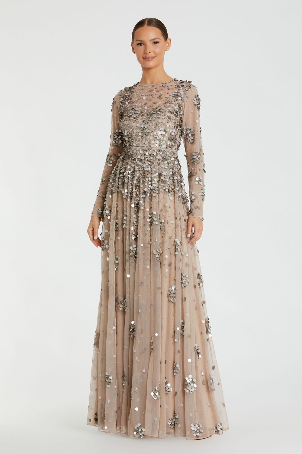 94189-Longlseeve Mesh Embellished A Line Gown