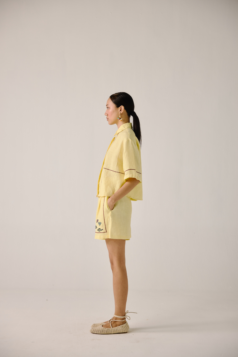 Leo Set - Butter Yellow Fish Embroidery