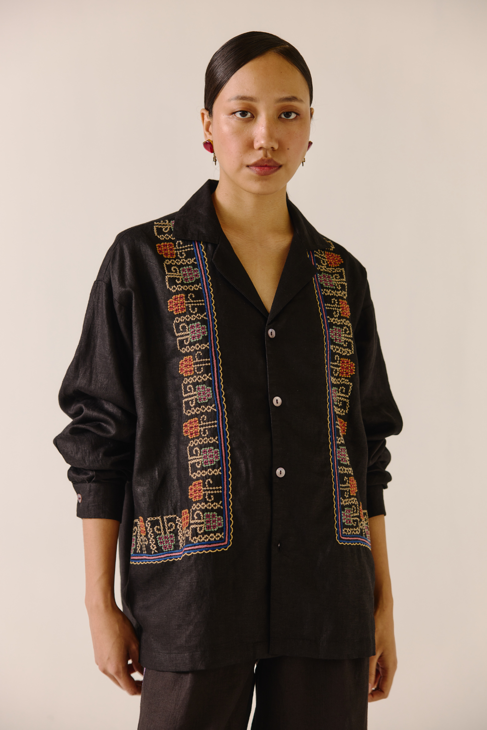 Unisex Shirt (full sleeve) - Black (cross-stitched embroidery)