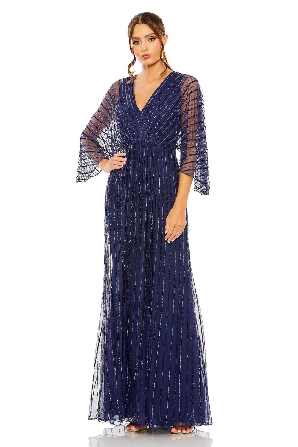 93841-Beaded Striping Kimono Sleeve V Neck Gown