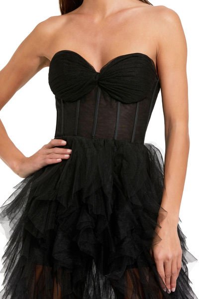 27532-Net Gown with Spiral Ruffles-Black
