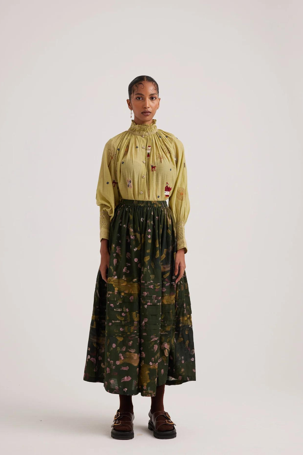 Pintuck Skirt-Green Strokes