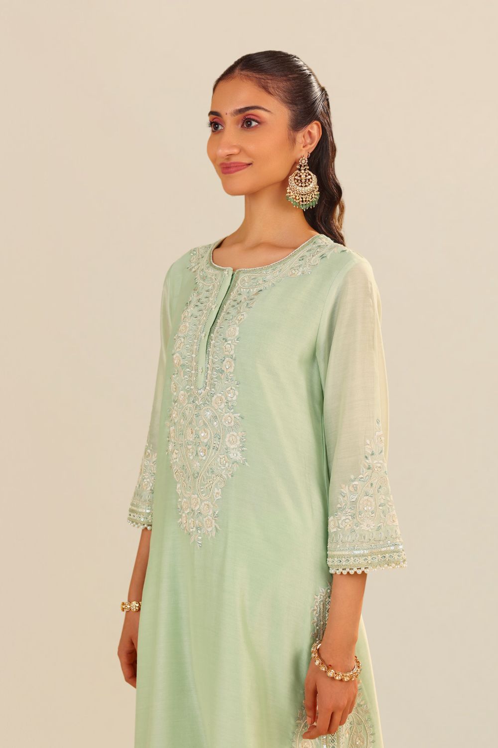Sereen - A-Line Kurta With Palazzo And Dupatta-Mint Green