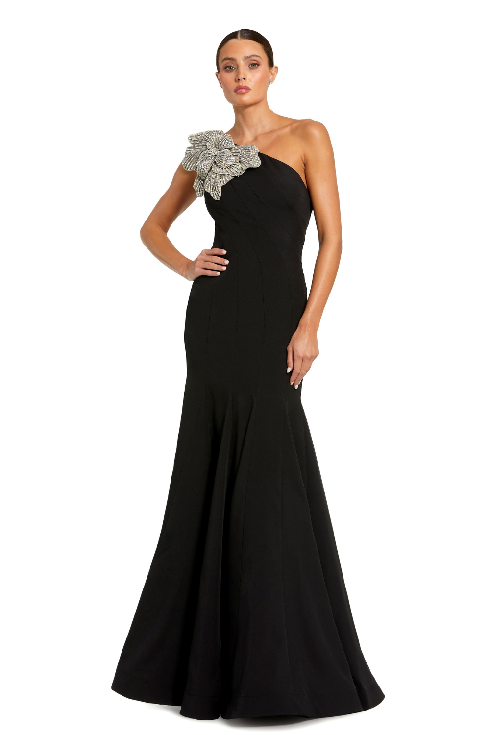11810-One Shoulder Gown with Crystal Flower-Black
