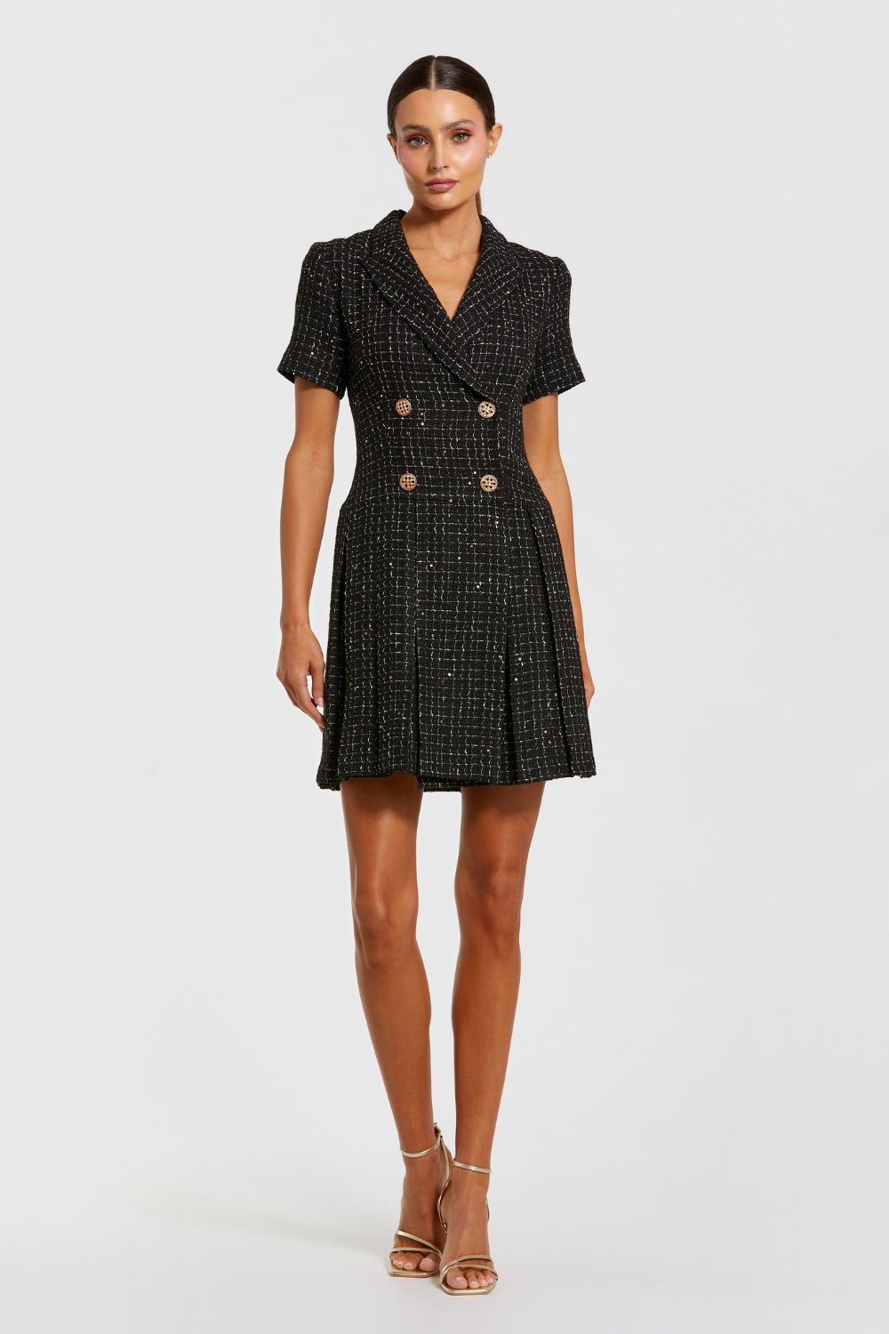 81200-Black Short Sleeve V Neck Tweed Blazer Mini Dress