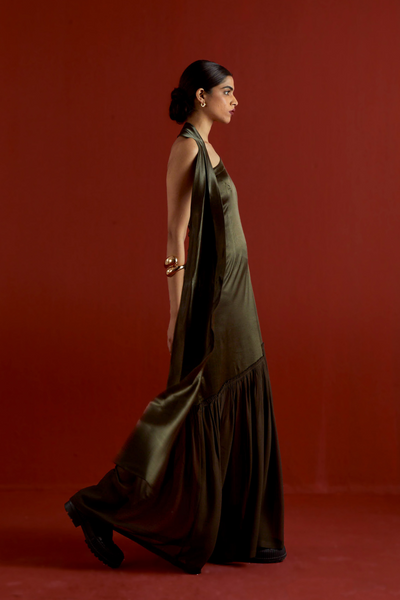 ONE SHOULDER DRESS-DARK OLIVE