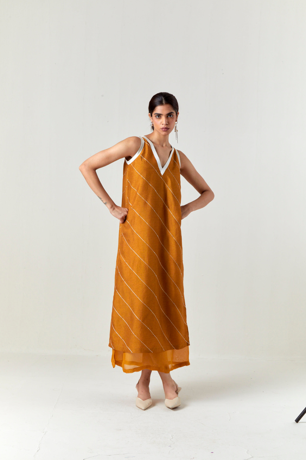 V-NECK EMBELLISHMENT DETAIL DRESS-OCHRE