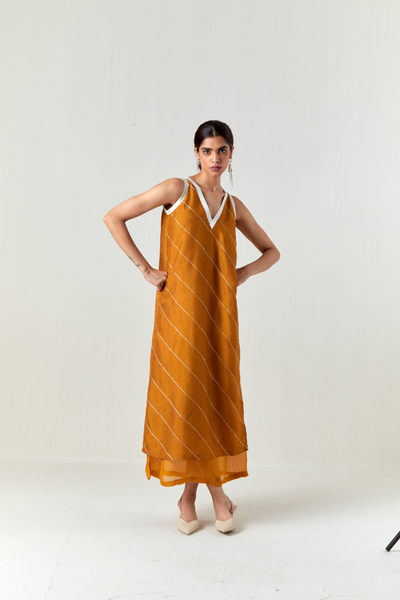 V-NECK EMBELLISHMENT DETAIL DRESS-OCHRE