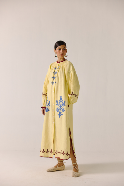 Chloe Dress - Butter Yellow Bird Applique