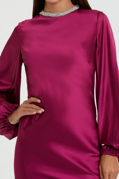 26575-Bishop Sleeve Satin Gown-Berry
