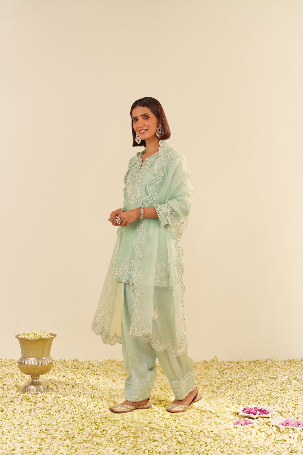Haniya - Short Kurta With Salwar And Dupatta-Mint Green