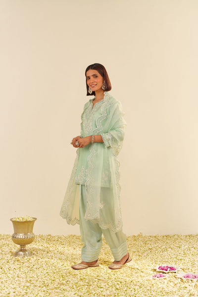 Haniya - Short Kurta With Salwar And Dupatta-Mint Green