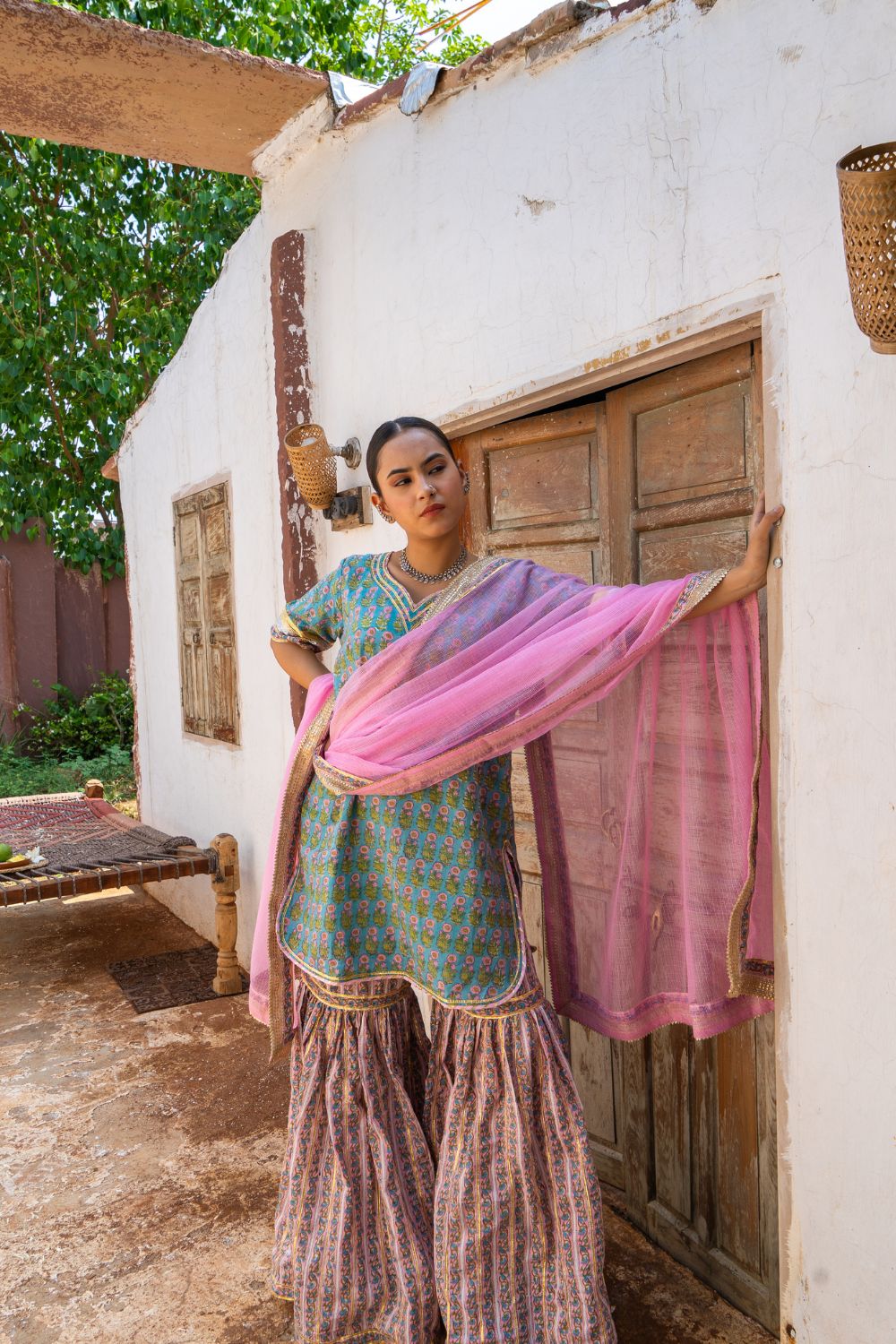 Saundh Sea green and pink hand block printed gota sharara set