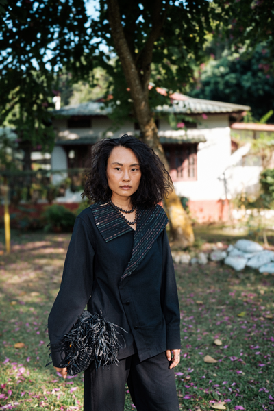 Upcycled Handwoven Arrow collar shirt - Black Green