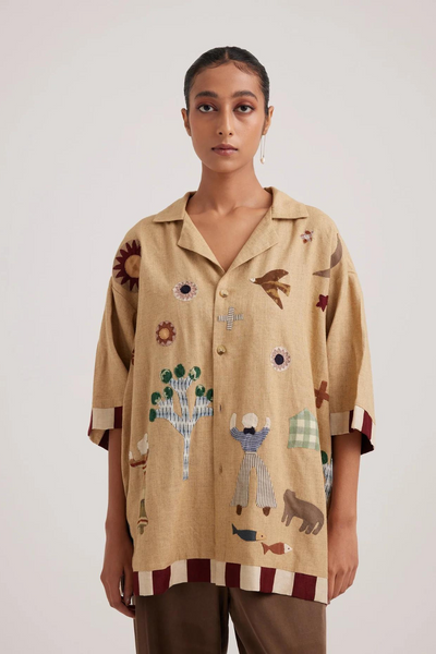 Unisex Oversized Shirt-Folk Applique-Beige